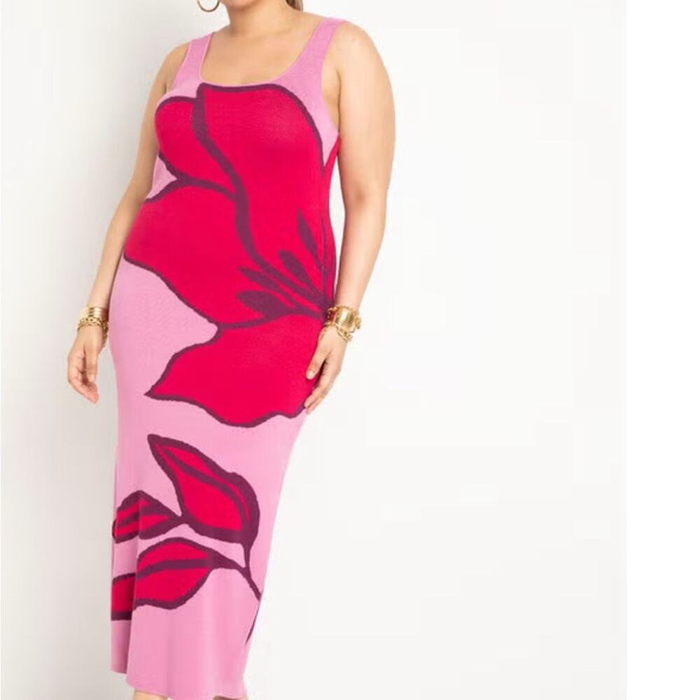 Eloquii Pink and White Asymmetrical Bodycon Midi Dress